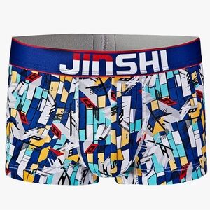 NWT JINSHI White & Multi Geometric Blue Boxer Briefs